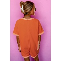 Russet Orange Two-tone Short Sleeve V Neck Patched Pocket Loose Romper - L thumbnail