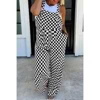 Black Checkered Print Pocketed Wide Leg Jumpsuit - L thumbnail