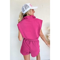 Rose Red Textured Short Sleeve Half Zip Drawstring Waist Romper - M thumbnail