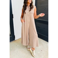 Smoke Gray Textured Buttoned Wide Leg Sleeveless Jumpsuit - L thumbnail
