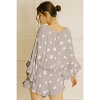Gray Star Print Crinkle Textured Kimono Ruffle Sleeve Romper - S thumbnail