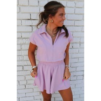 Orchid Bouquet Short Sleeve Zipper Collared Elastic High Waist Romper - L thumbnail