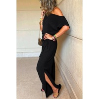 Black Checkered Mesh One Shoulder Short Sleeve Knotted Waist Jumpsuit - M thumbnail
