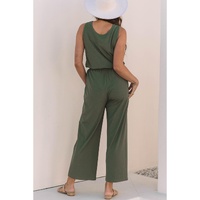 Vineyard Green Buttoned Drawstring Waist Sleeveless Wide Leg Jumpsuit - L thumbnail