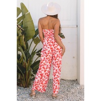 Pink Floral Print Twisted Bandeau Keyhole Pleated Wide Leg Jumpsuit - L thumbnail