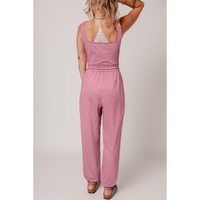 Light Pink Lace-up Elastic Waist Sleeveless Square Neck Jumpsuit - L thumbnail