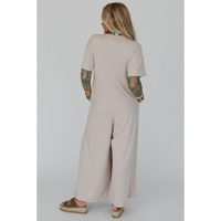 Beige Half Placket Chest Pockets Short Sleeve Wide Leg Jumpsuit - L thumbnail