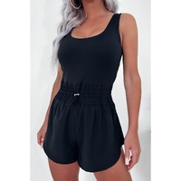 Black Plain Sleeveless Loop Drawstring Cinched Waist Romper - L thumbnail
