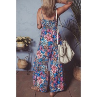 Pink Floral Smocked Bust Spaghetti Straps Wide Leg Jumpsuit - L thumbnail
