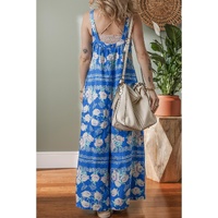Blue Floral Print Wide Leg Sleeveless Jumpsuit - M thumbnail