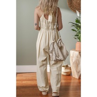 Beige Ruched High Waist Sleeveless Wide Leg Jumpsuit - L thumbnail