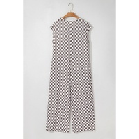 Khaki Checkered Print Buttoned Crew Neck Wide Leg Jumpsuit - L thumbnail