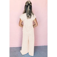 Apricot Checkered Print Buttoned Crew Neck Wide Leg Jumpsuit - L thumbnail