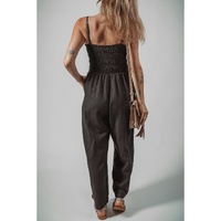 Black Spaghetti Straps Shirred Bodice Pocketed Wide Leg Jumpsuit - S thumbnail