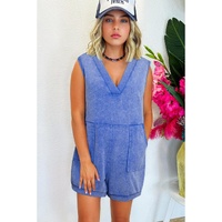 Sky Blue Mineral Wash Pocketed Sleeveless V Neck Loose Romper - L thumbnail