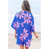 Blue Summer Flower Print Shirt Collar Button Front Loose Romper - M thumbnail