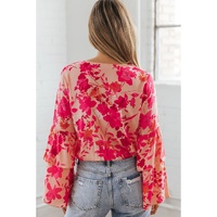 Pink Floral Print Tiered Bell Long Sleeve Buttoned Bodysuit - L thumbnail