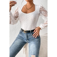 White Frenchy Contrast Lace Bishop Sleeve Bodysuit - M thumbnail