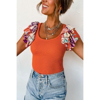 Orange Ribbed Knit Tiered Ruffled Sleeve Bodysuit - XL thumbnail