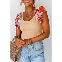 Parchment Ribbed Knit Tiered Ruffled Sleeve Bodysuit - L thumbnail