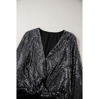 Black Sequin Mesh Long Sleeve Surplice Neck Bodysuit - M thumbnail