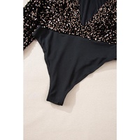 Black Deep V Back Sequin Puff Sleeve Bodysuit - S thumbnail