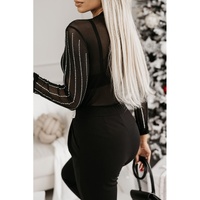 Black Rhinestone Decor Striped Mesh Long Sleeve Bodysuit - L thumbnail