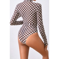 Brown Checkered Printed Long Sleeve High Neck Bodysuit - L thumbnail