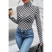 Black Checkered Printed Long Sleeve High Neck Bodysuit - S thumbnail