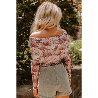 Pink Floral Printed Long Sleeve Sheath Bodysuit - L thumbnail
