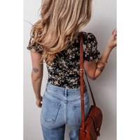 Black Floral Print U Neck Short Puff Sleeve Bodysuit - XL thumbnail