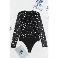 Black Heart Shape Mesh Patchwork Square Neck Bodysuit - L thumbnail