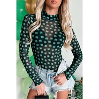 Green St Patrick Shamrock Printed Long Sleeve Mesh Bodysuit - L thumbnail