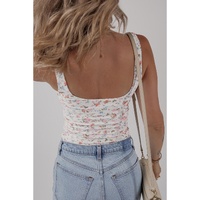 White Floral Textured Square Neck Sleeveless Bodysuit - L thumbnail