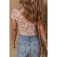 Orange Short Sleeve Floral Ruched Sweetheart Bodysuit - L thumbnail