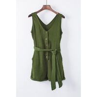 Green Button V Neck Romper with Belt - S thumbnail
