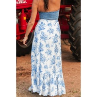 Sky Blue Boho Floral High Waist Ruffle Split Maxi Skirt - M thumbnail