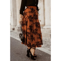 Gold Flame Floral Leaves Embroidered High Waist Maxi Skirt - XL thumbnail