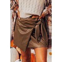 Coffee Bowknot Faux Leather Mini Skirt - M thumbnail