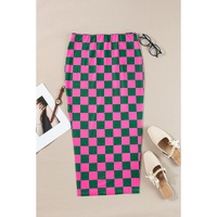 Rose Checkered Print Side Slit High Waist Midi Skirt - L thumbnail