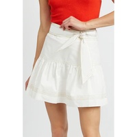 White Contrast Stitching Trim Knotted High Waist A-Line Mini Skirt - L thumbnail