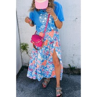 Sky Blue Floral Printed High Waist Split Wrap Long Skirt - S thumbnail