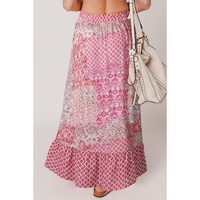 Red Boho Pattern Print Tassel Drawstring High Waist Maxi Dress - L thumbnail