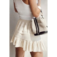 Beige Tiered Ruffled Hemline Elastic Waist Mini Skirt - M thumbnail