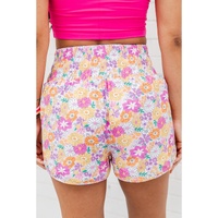 Pink Boho Floral Shirred High Waist Casual Shorts - L thumbnail