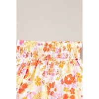 Orange Boho Floral Shirred High Waist Casual Shorts - L thumbnail