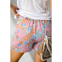 Pink Floral Print Side Pockets Drawstring Casual Shorts - L thumbnail