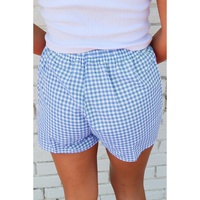 blue Red Plaid Gingham Printed High Waist Shorts - L thumbnail