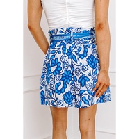Blue Floral Print Pocketed Front Knot High Waist Casual Shorts - XL thumbnail