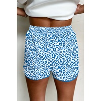 Blue Leopard Elastic Waist Lace up Contrast Trim Casual Shorts - M thumbnail